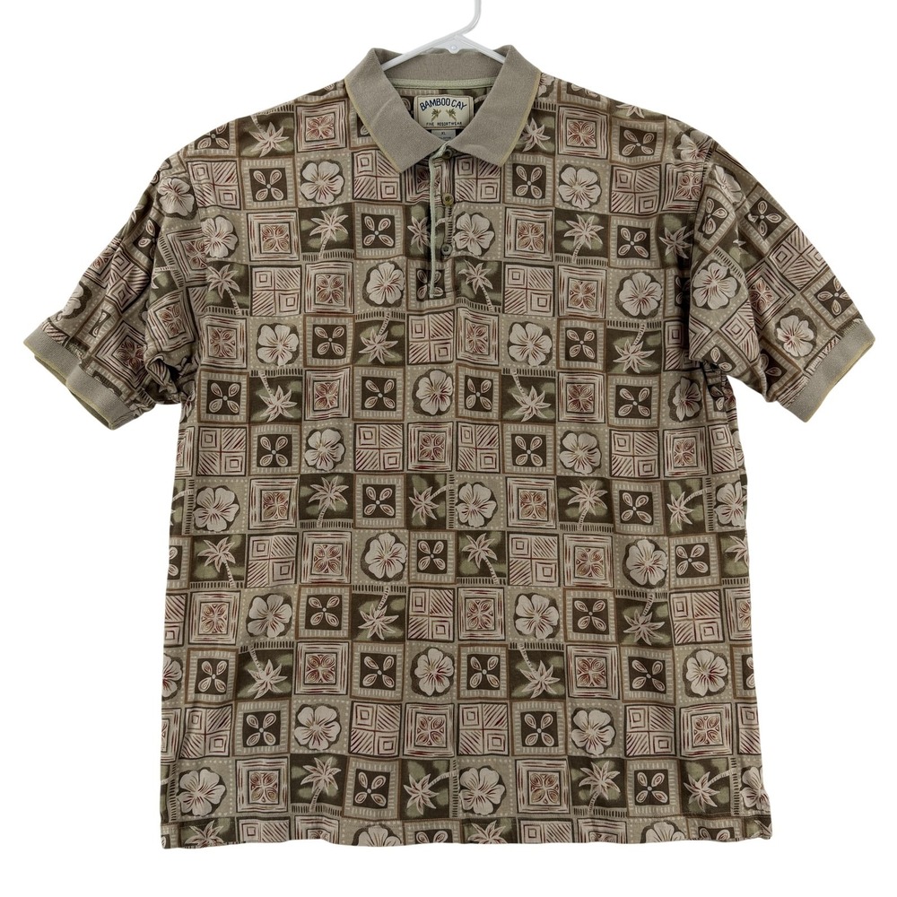 Bamboo Cay Polo Shirt Mens XL‎ Brown Tropical Floral Cotton Knit Hawaiian